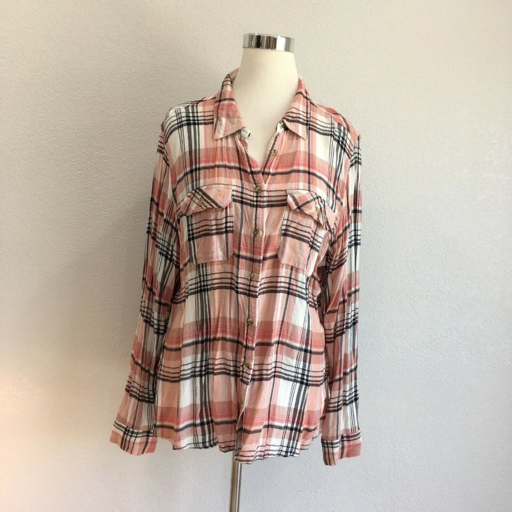 Maurices Shirt Womens Size XXL Tunic Button Up Plaid Pink Black White